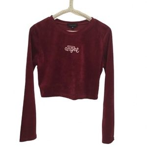 Y2K velvet crop top by Seduction, size medium, angel text, red, 90s